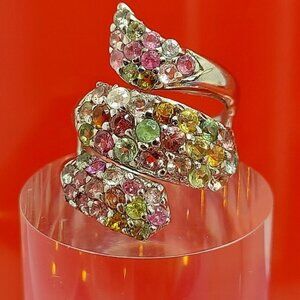 Natural‎ Tourmaline 3mm 14K White Gold on 925 Sterling Silver Ring Sz 6.5